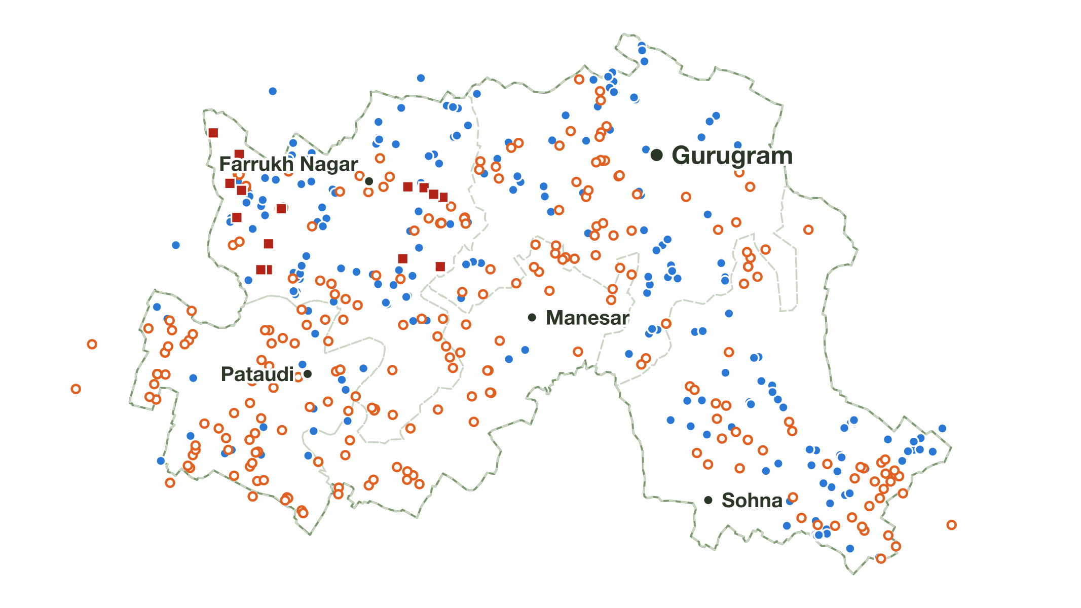 Map of Gurugram district with its 535 census water bodies pinned and the towns of Gurugram, Manesar, Sohna, Pataudi and Farrukh Nagar marked